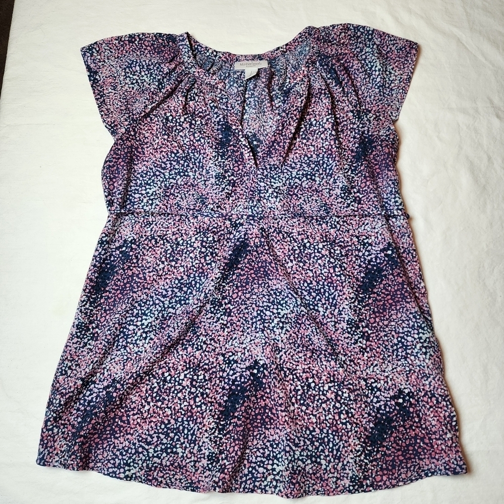 Motherhood Maternity Small Petite Pink and Blue Patterned Blouse Top With Tie - Picture 2 of 10